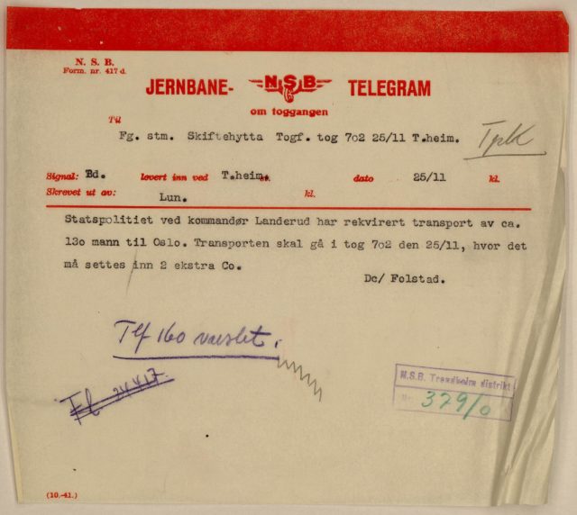 Fangetransport I Tog 702 Trondheim Oslo 25 11 1942 Jernbanetelegram Statsarkivet I Trondheim